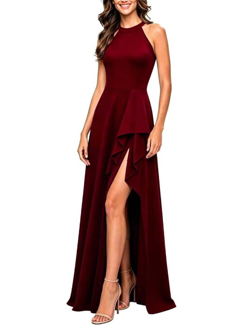 Elegant Split Formal Cocktail Dress - Ruffle Wedding Guest Gown for Women